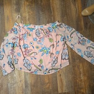 622 Love Fire Cropped Lined Blouse Top Pink Blue Floral Long Slv Size Med